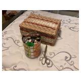 Vintage sewing supplies box tin of buttons 3 thimbles