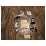 Various metal pins padlocks and accessories
