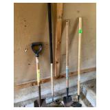Gardening tools rake hoe 2 shovels