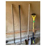 Garden tools rake hoe 2 shovels
