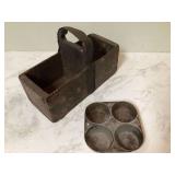 Vintage wooden box and tin muffin tray