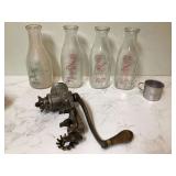 4 glass milk bottles and food chopper