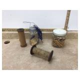 Vintage string spools jar of clothespins