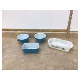 Pyrex Blue Heaven loaf pan and 3 blue Pyrex pieces