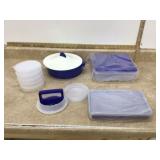 Blue Tupperware steamer hamburger press hot dog container and