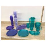 Various teal and blue Tupperware dishes