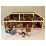 Vintage dollhouse with accessories and Lundby toy car