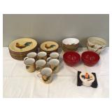 Dish set with rooster design includes coasters