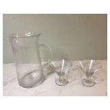 Glass pitcher with bubble detailing 2 short martini glasses
