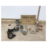 Vintage medicine tins salve sign Hamilton Beach vibrator glass medicine
