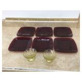 6 Ruby glass plates 2 yellow Depression sherbet cups