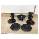 Black glass items including vase tankard etc