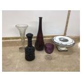 Purple glass vase goblet and decanterTall clear glass