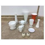 Various milk glass pieces and vase with small chip on bottom rim