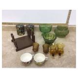 Various green glass items & candle holders