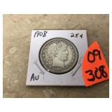 1908 BARBER QUARTER-AU - COINS CURRENCY
