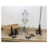 Various display easels in basket