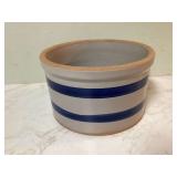 GRAY WITH BLUE STRIPES POTTERY CROCK