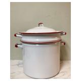 Old white red enamel double boiler