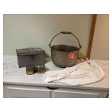 large tin pot 3 metal containers apron