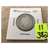 1892-S BARBER QUARTER - COINS CURRENCY