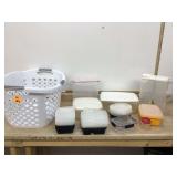 Miscellaneous leftover containers in laundry basket Miscellaneous leftover containers in laundry basket