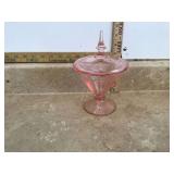 Pink glass candy dish with lid etched design Pink glass candy dish with lid etched design