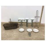 Decorative wire basket with home decor items Decorative wire basket with home decor items