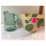 Large vintage mixing bowl & green glass pitcher