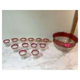 Cranberry glass punch bowl with cups