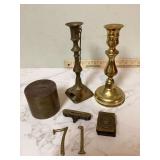 Antique items brass candlesticks bank Stanley level