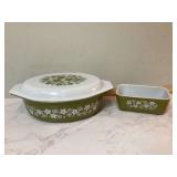 Vintage Pyrex casserole dish with Crazy Daisy design and refrigerator box