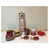 Old tin banks metal trucks thermometer toys