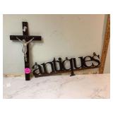 Vintage metal sign & crucifix