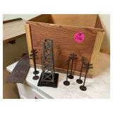 Vintage toy train accessories include bridge tower telephone poles and more