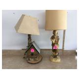 Vintage Mid Century Modern Girl Lamp with Chips and Log Cabin LampThis optimized