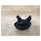 SMALL BLACK GLASS HEN DISH - GLASS