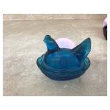 SMALL BLUE GLASS HEN DISH - GLASS