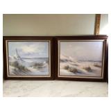 Framed signed beach ocean oil paintings