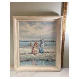 Oil painting of women on beach in frame