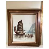 Chinese junk boat painting framed and signed