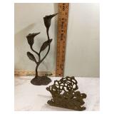 Antique bronze candle holder and brass letter holder