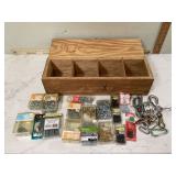 WOOD BOX WITH SCREWS AND HOOKS - TOOLS