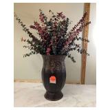 Metal vase with faux plant;bordering on ornate