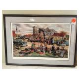 Country-themed artwork displayed in a frame for auction