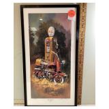Artwork featuring vintage Cushman motorcycle