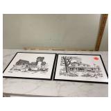 Pen & ink art of a general store and barn by Don Lay