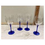 SET OF 4 BLUE STEM WINE GLASSES - GLASS