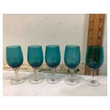 Teal glass candy jar with lid and 5 cordial glasses