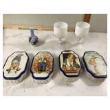 Season tins water goblets and bud vase